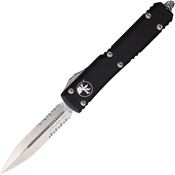 Microtech 12211 Auto Ultratech Stonewashed Part Serrated Double Edge OTF Knife Black Handles