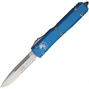 Microtech 12111BL Auto Ultratech Stonewashed Part Serrated Single Edge OTF Knife Blue Handles