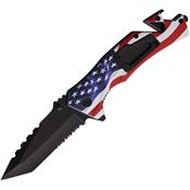 ElitEdge 10A48SF Rescue Assist Open Part Serrated Linerlock Knife Flag Handles