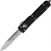 Microtech 12111 Auto Ultratech Stonewashed Part Serrated Single Edge OTF Knife Black Handles