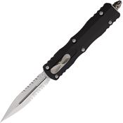 Microtech 22511 Auto Dirac Stonewashed Part Serrated Double Edge OTF Knife Black Handles