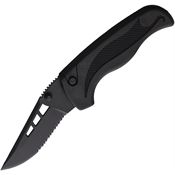 Blackie Collins SB Blackie Collins Assist Open Part Serrated Button Lock Knife Black Handles