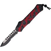 Heretic 00810BRCAMO Auto Hydra Two-Tone Part Serrated Recurve OTF Knife Red Handles