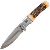 Browning 0500B Buckmark Hunter Satin Linerlock Knife Brown Bone Handles