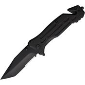 ElitEdge 10A97TBK Assist Open Part Serrated Rescue Black Tanto Linerlock Knife Black Handles