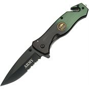 India Made 300202AR Assist Open Part Serrated Black Army Rescue Linerlock Knife Black/Green Handles