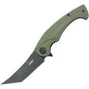 Kubey 175B Scimitar Black Stonewash Tanto Linerlock Knife OD Green Handles