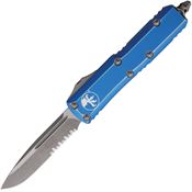 Microtech 23111DBL Auto UTX-85 Part Serrated Apocalyptic Single Edge OTF Knife Distressed Blue Handles