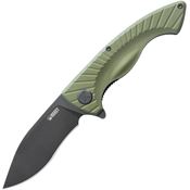 Kubey 208J Timberwolf Black Stonewash Linerlock Knife OD Green Handles