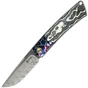 Reate 155 Tribute Damascus Acid Wash Linerlock Knife White Storm Carbon Fiber Handles