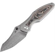 Kansept 1074C2 Baba Yaga Damascus Wharncliffe Framelock Knife Copper Carbon Fiber Handles