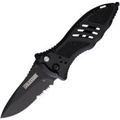 Blackhawk 15M211BK Small Black Part Serrated D2 Button Lock Knife Black Handles