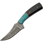 Damascus 1401 Damascus Trailing Point Fixed Blade Knife Turquoise/Buffalo Horn Handles