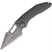 Microtech 16912APNC Auto Stitch Apocalyptic Serrated Single Edge Wharncliffe Button Lock Knife Gray Handles