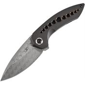 Kansept 1077A3 ODD 21 Damascus Drop Point Framelock Knife Black Handles