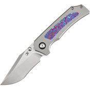 Kansept 1122A4 Fermi Stonewash Flat Ground Recurve Linerlock Knife Gray Titanium/Timascus Handles